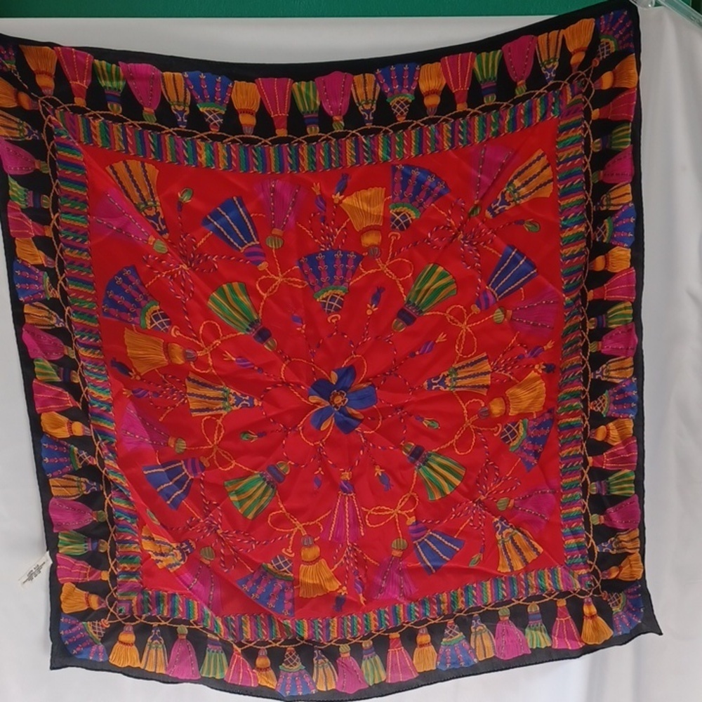 Vintage Jacqueline Ferrar Tassel pattern 100% Silk Scarf, 31" x 31", multicolor